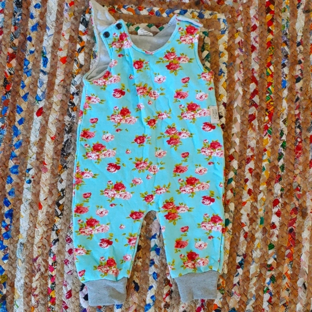 Purl Lamb Pink And Blue Floral Sweatshirt Button Overalls Grey Cuffs